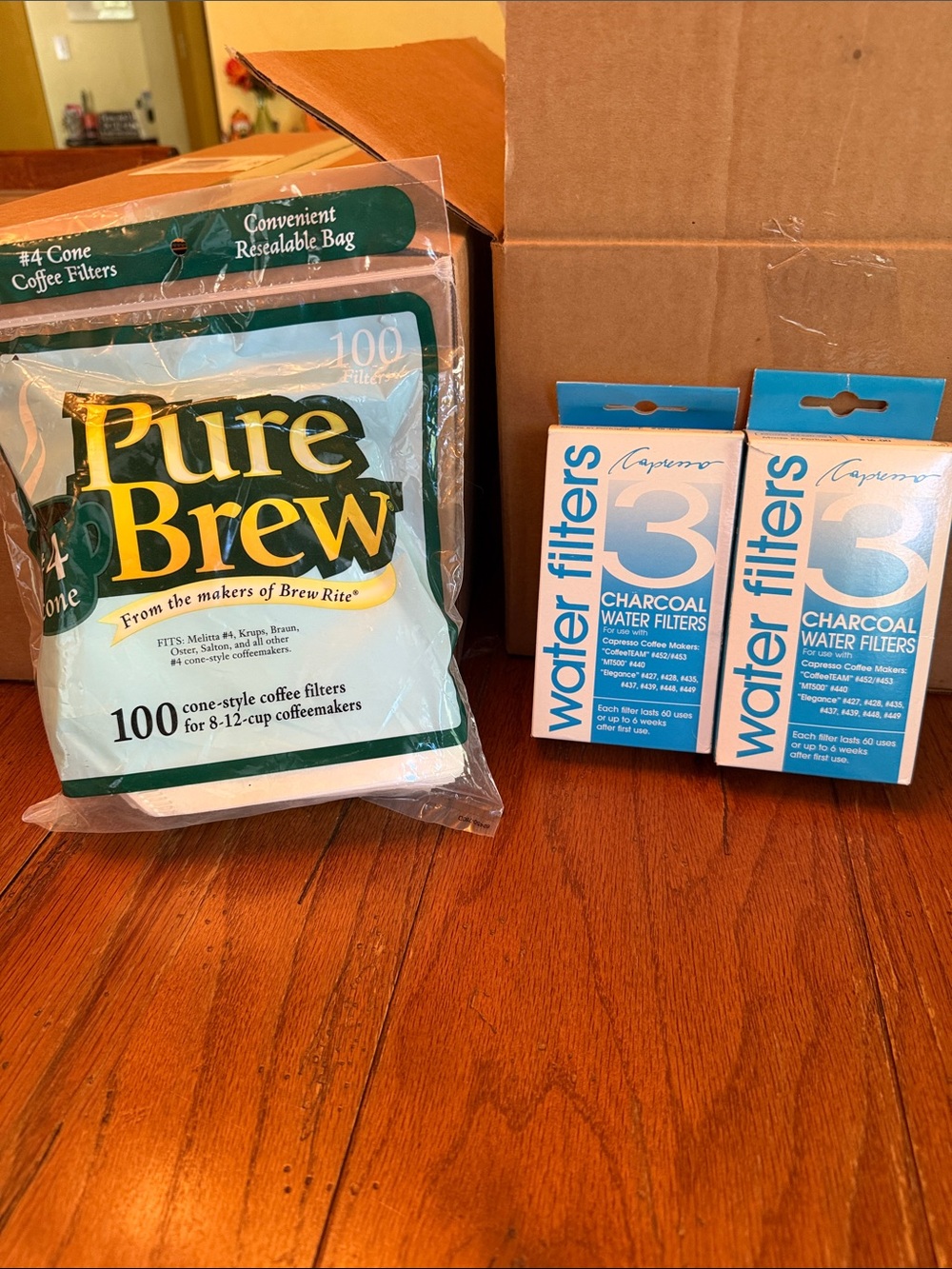 6 Capresso charcoal water filters plus 100 cone coffee filters